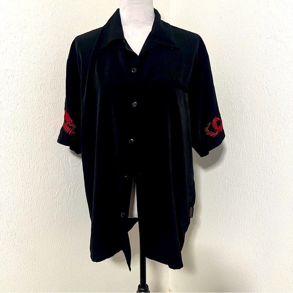 Vintage Sapphire Lounge Men’s Large Black Dress Shirt Red Dragon Embroidery